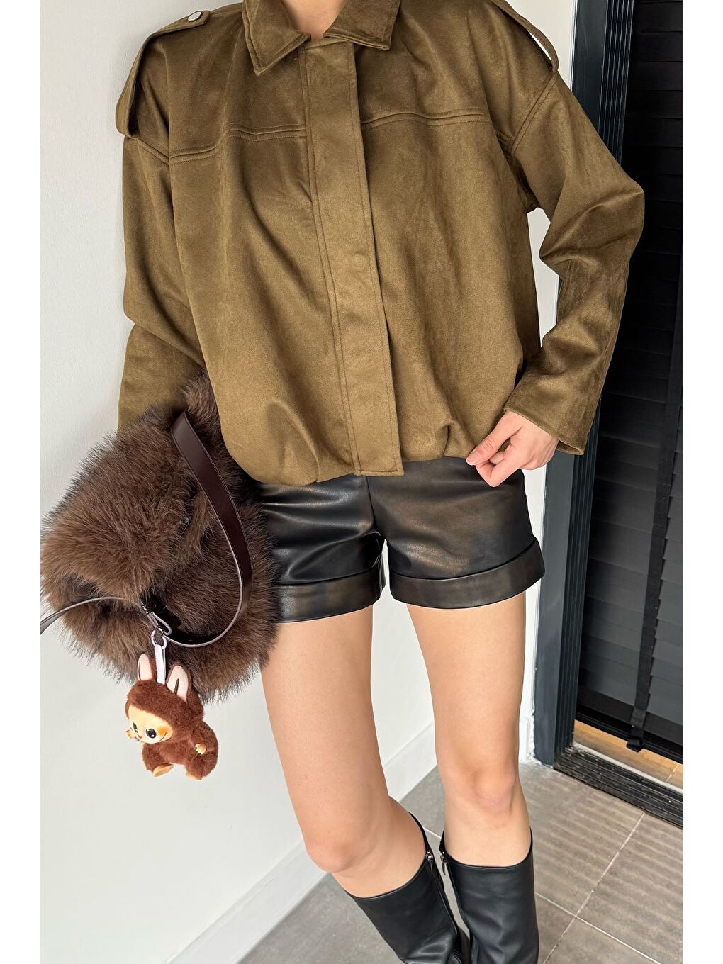 Haki Kadın Bel Büzgülü Fermuarlı Ve Çıtçıtlı Süet Ceket-1