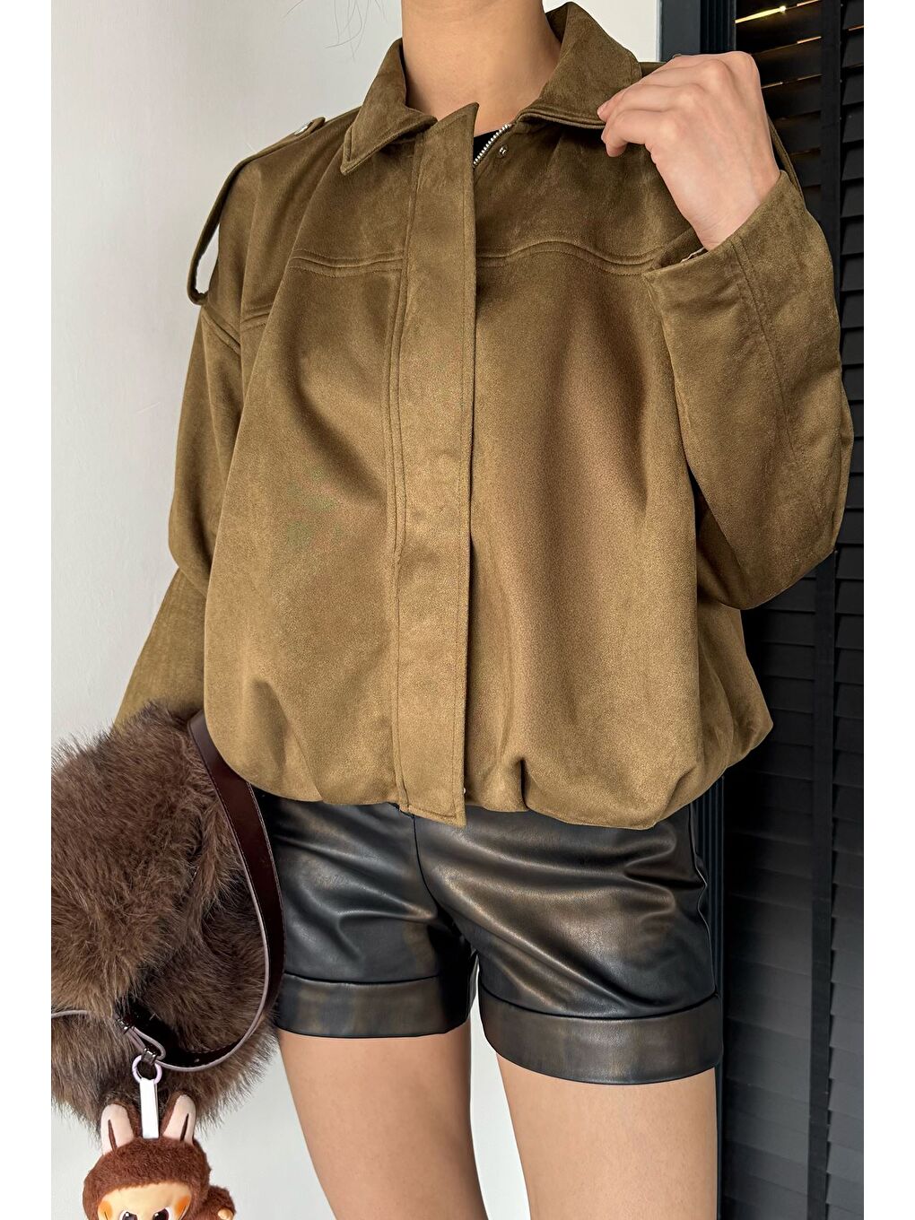 Haki Kadın Bel Büzgülü Fermuarlı Ve Çıtçıtlı Süet Ceket-2