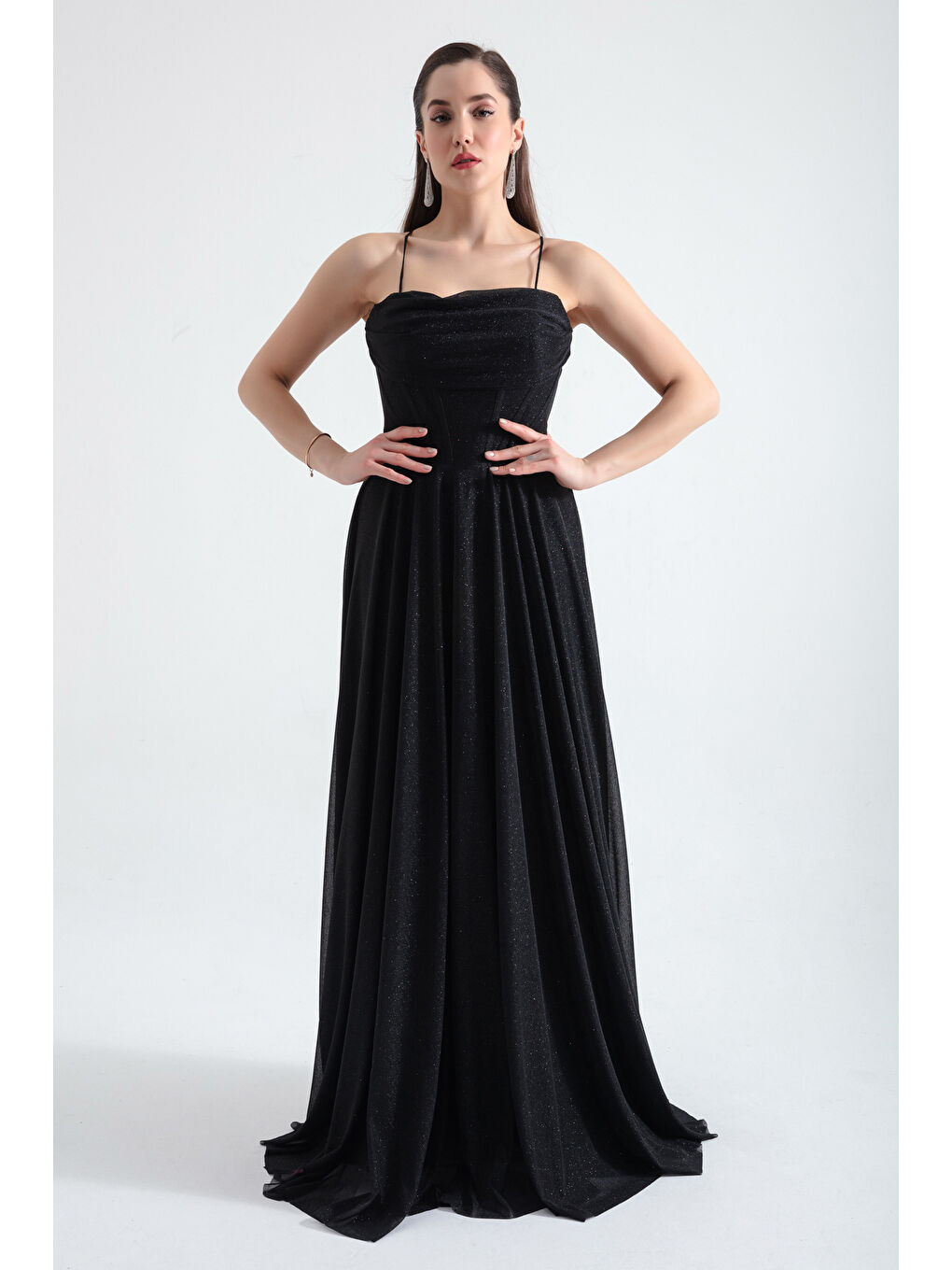 Kadın Siyah Balen Korseli Simli Uzun Abiye Elbise