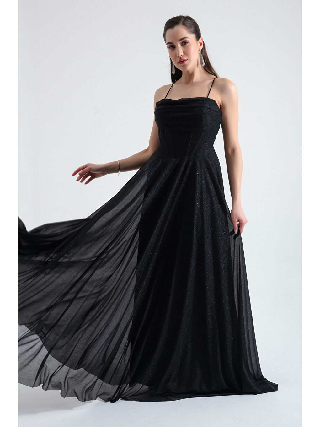 Kadın Siyah Balen Korseli Simli Uzun Abiye Elbise-1