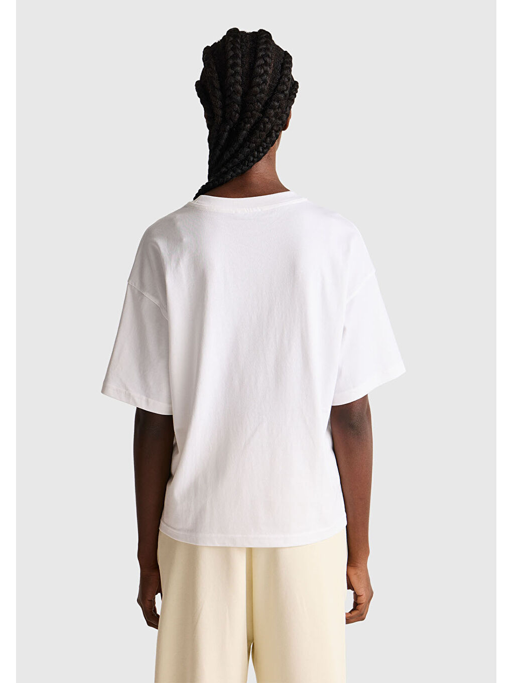 Kadın Beyaz-Pembe Yazılı %100 Pamuk Önü Yazı Baskılı Bisiklet Yaka T-Shirt-2