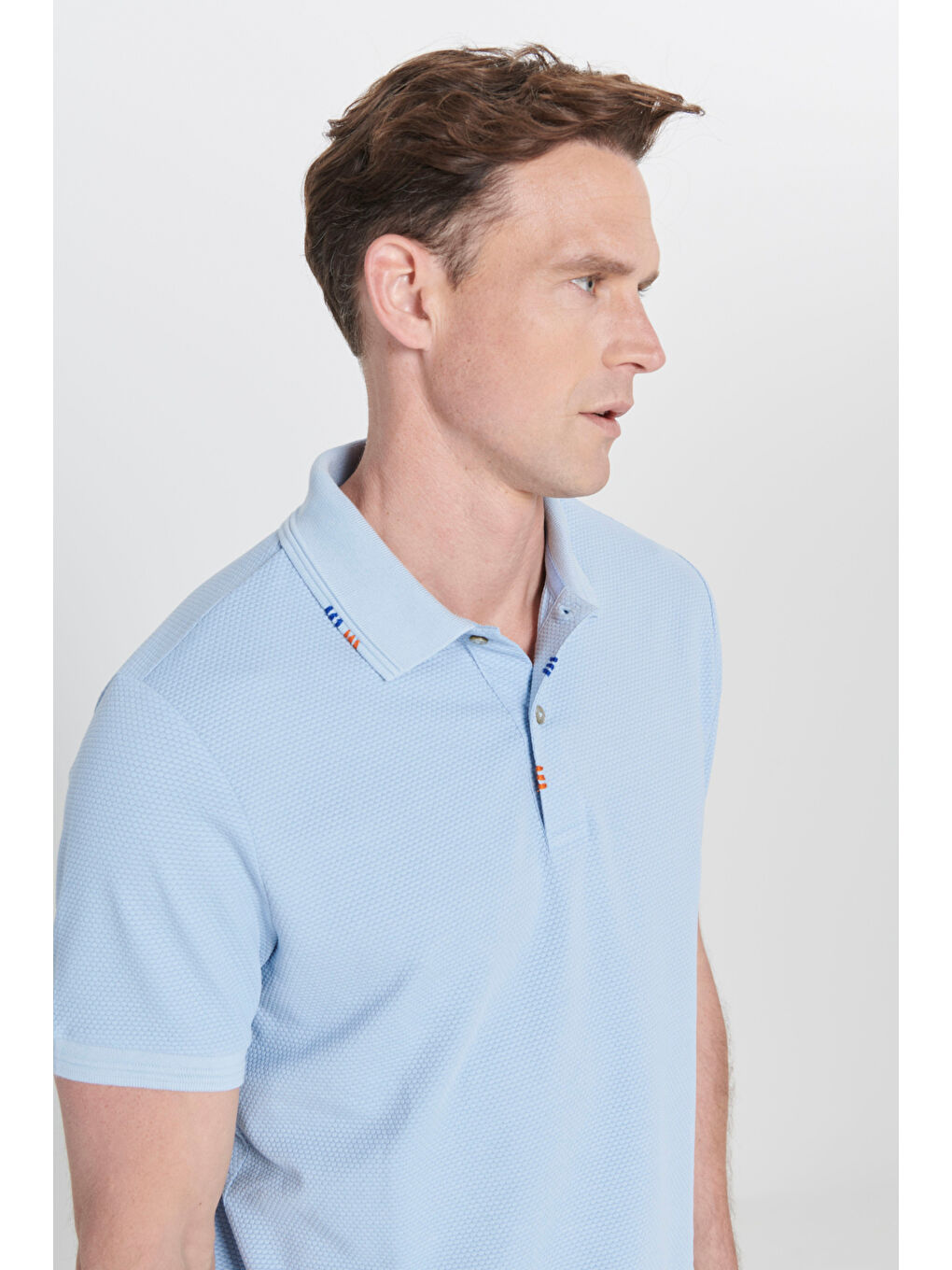 Erkek Açık Mavi Slim Fit Dar Kesim Polo Yaka Baskılı Pamuklu Tişört-3