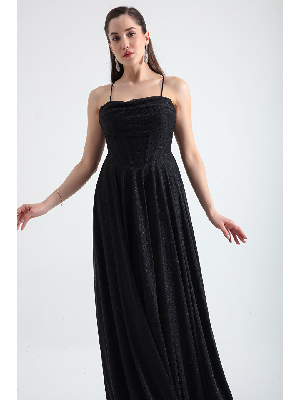 Kadın Siyah Balen Korseli Simli Uzun Abiye Elbise-2