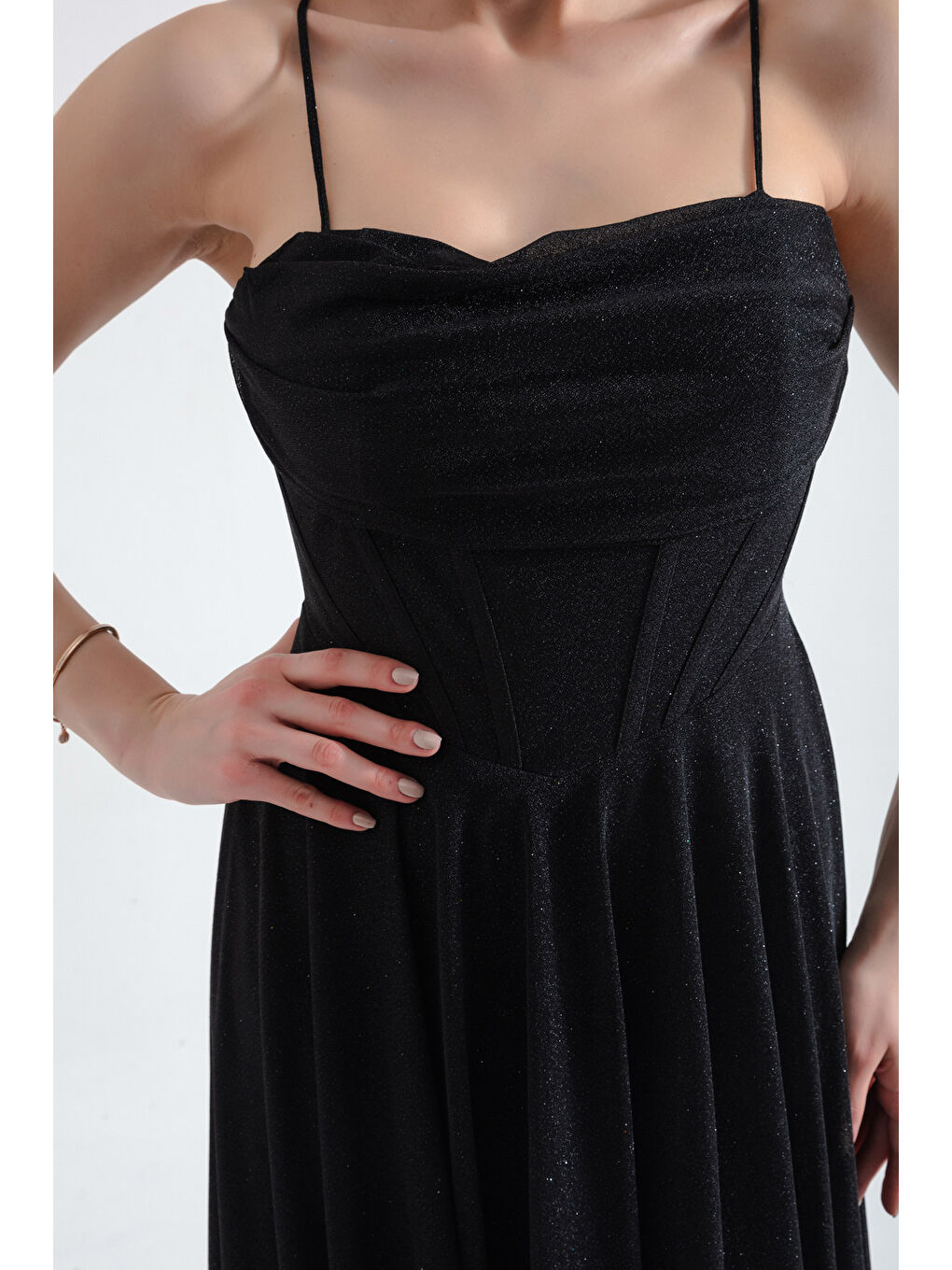 Kadın Siyah Balen Korseli Simli Uzun Abiye Elbise-3