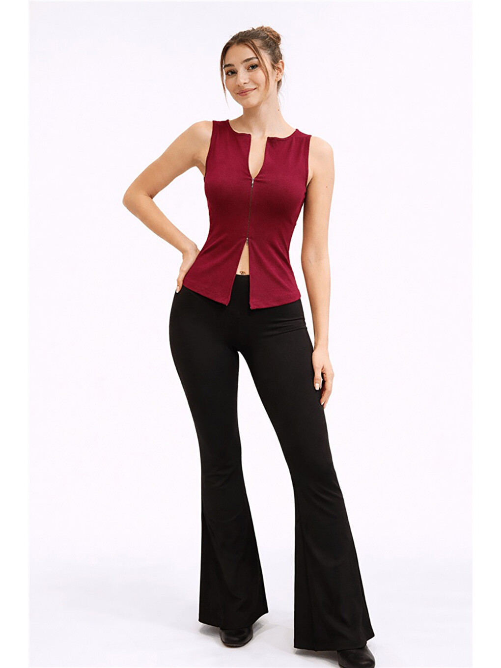Bordo Pamuklu Regular Fit Fermuarlı Yaka Bluz 26Y0709K1-2
