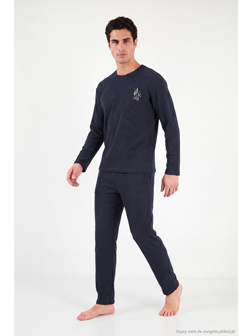 Lacivert Ultra Soft Minimal Nakışlı Uzun Kollu Pijama Takımı 6575009-1