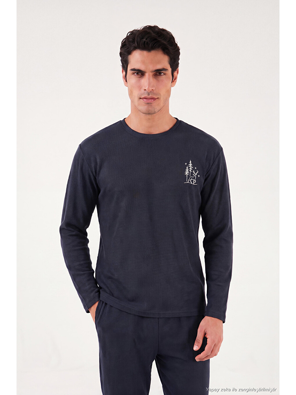 Lacivert Ultra Soft Minimal Nakışlı Uzun Kollu Pijama Takımı 6575009-3