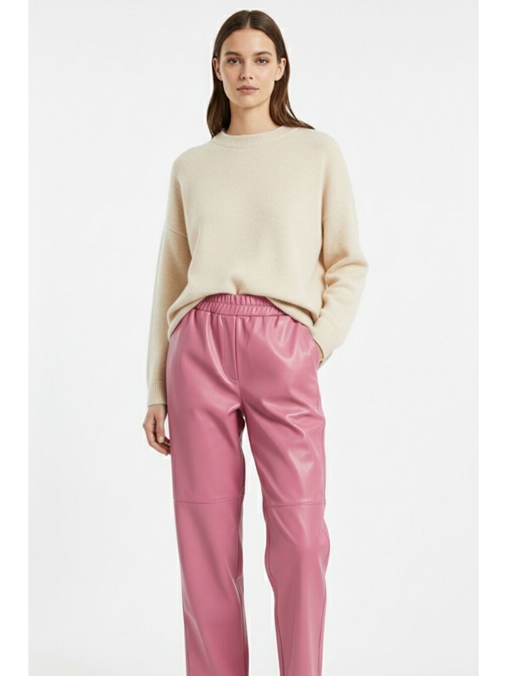 Deri Görünümlü Pembe Jogger Pantolon-1