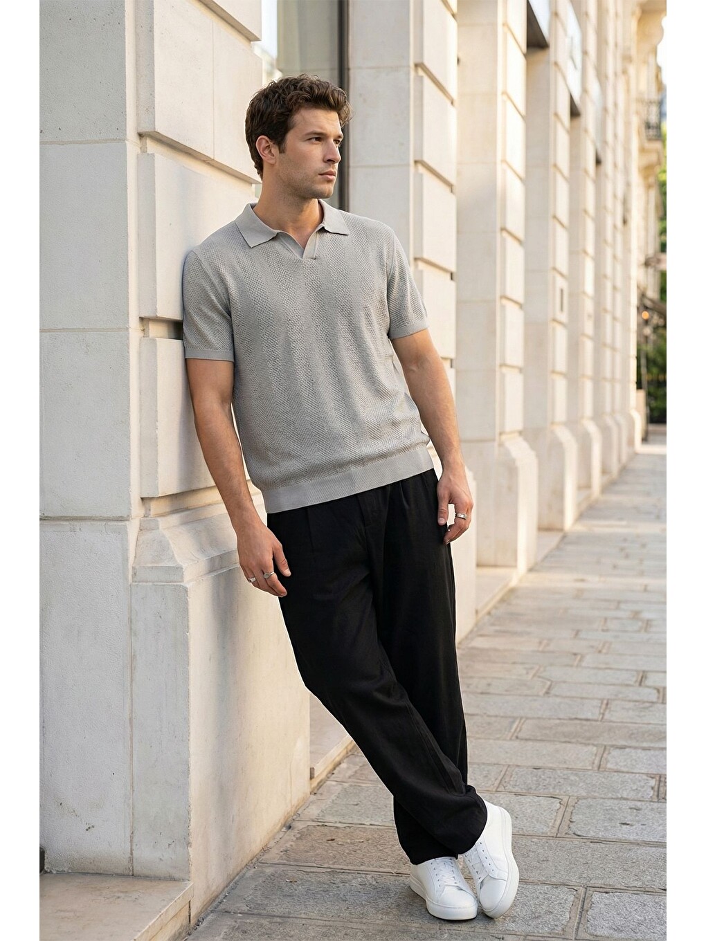 Gri Chapa Regular Fit Polo Yaka Erkek Kısa Kol Dokulu Triko Tişört-1