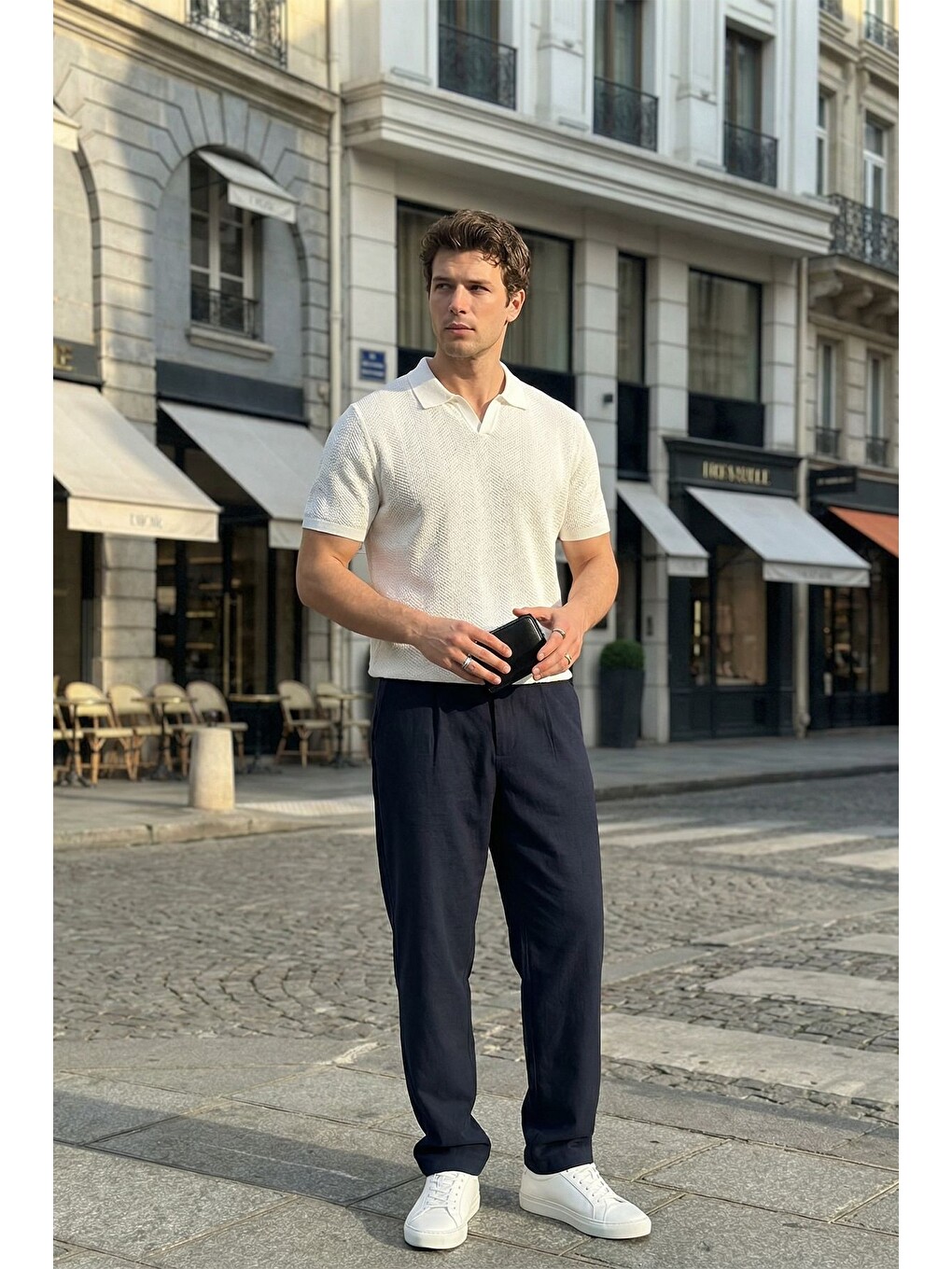 Beyaz Chapa Regular Fit Polo Yaka Erkek Kısa Kol Dokulu Triko Tişört-5