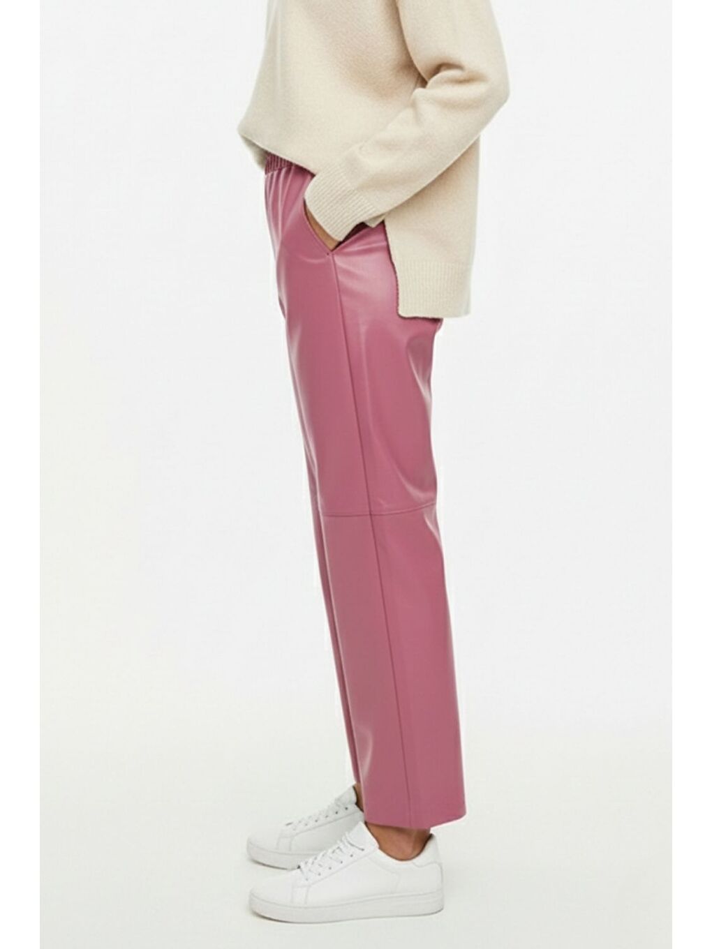 Deri Görünümlü Pembe Jogger Pantolon-2