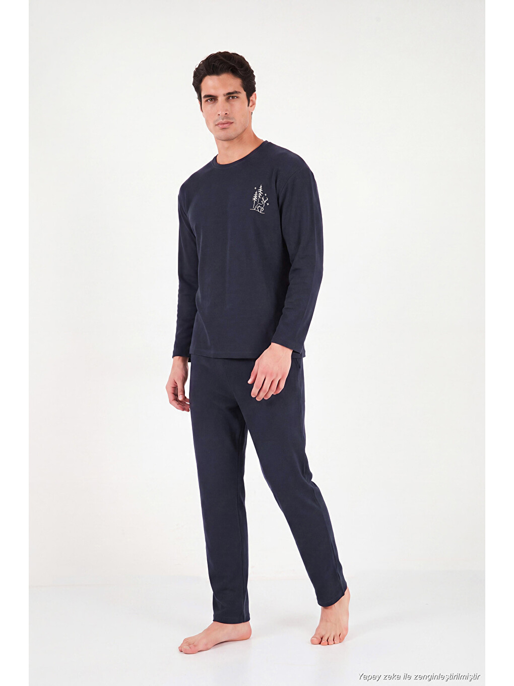 Lacivert Ultra Soft Minimal Nakışlı Uzun Kollu Pijama Takımı 6575009-5