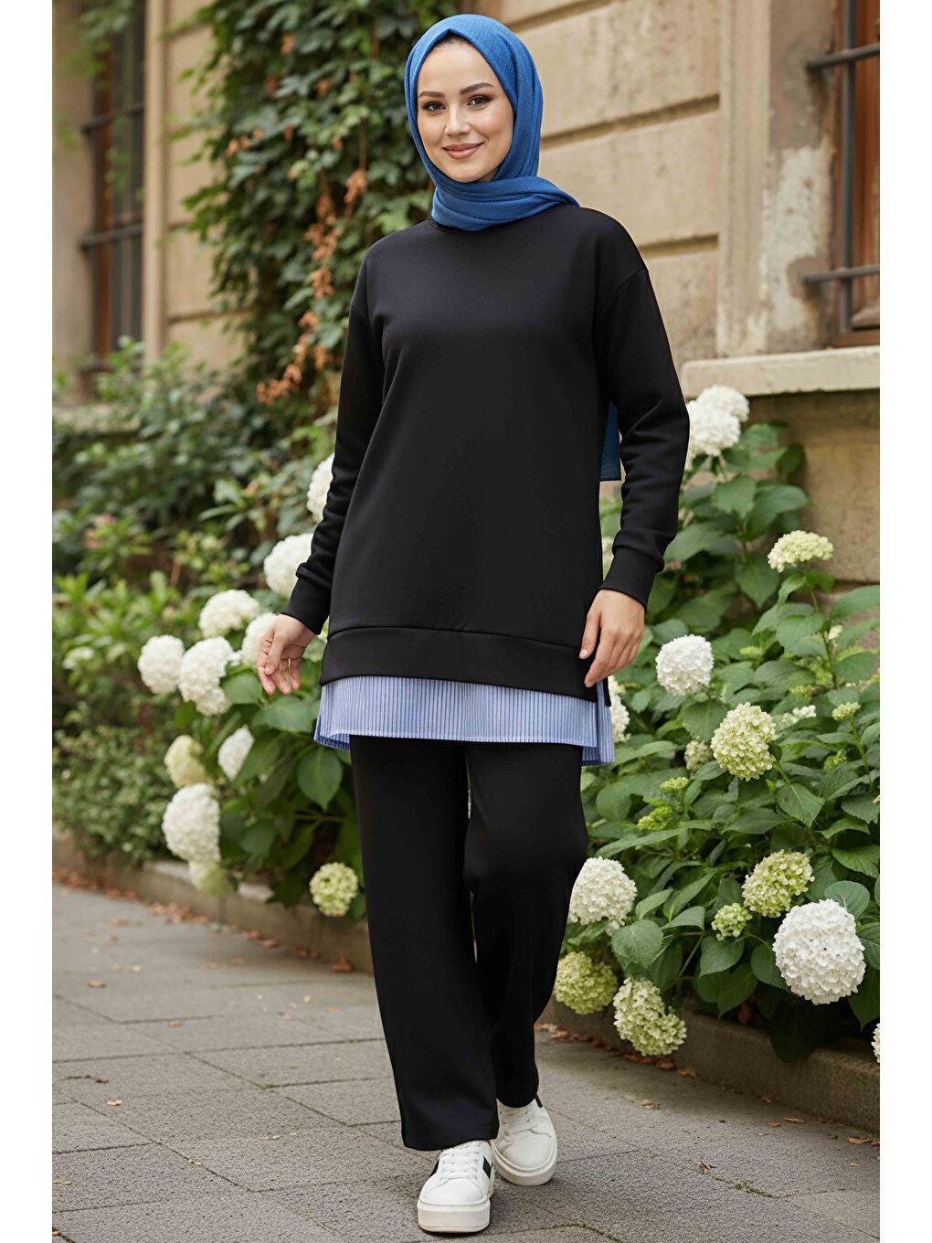 Eteği Çizgili Modal İkili Takım Siyah - 28028-SIYAH