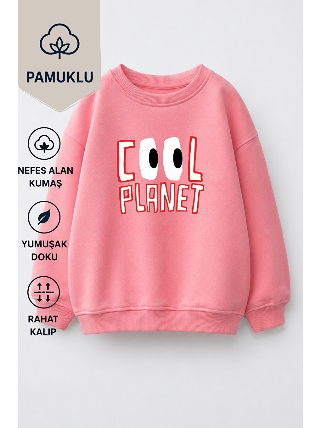 Pembe Unisex Çocuk 3 İplik Kumaş Baskılı Pamuklu Sweatshirt-2