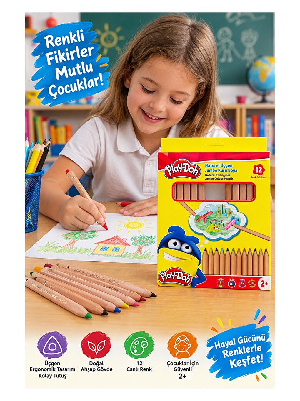 12 Li Jumbo Kuru Boya Kalemi Naturel Karton Kutu 1 Paket Kalın 12 Renk Jumbo Kuruboy-2