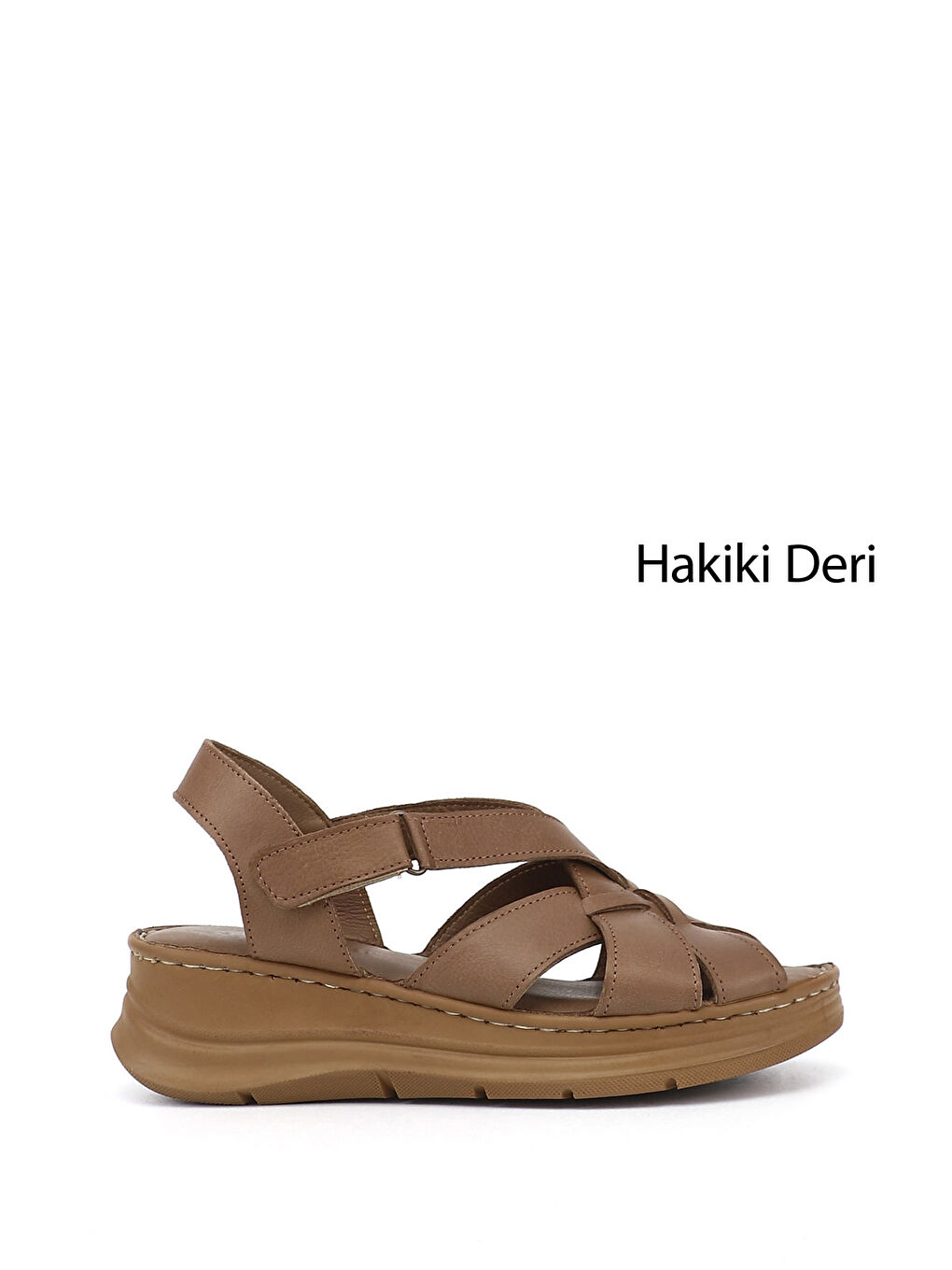 Kahverengi Kadın KAHVERENGİ Cırt Bantlı Dolgu Topuk Hakiki Deri Sandalet