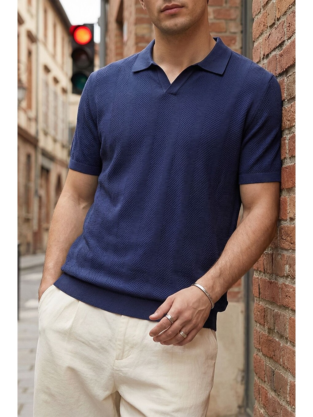 Lacivert Chapa Regular Fit Polo Yaka Erkek Kısa Kol Dokulu Triko Tişört-3