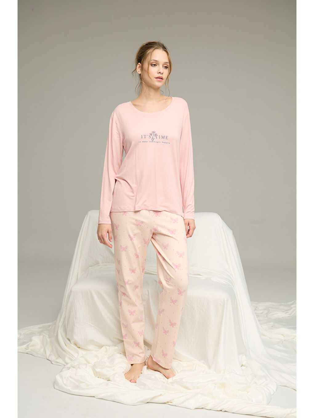 Pembe Somon Desenli Örme Pamuklu Pijama Takım25240222-1