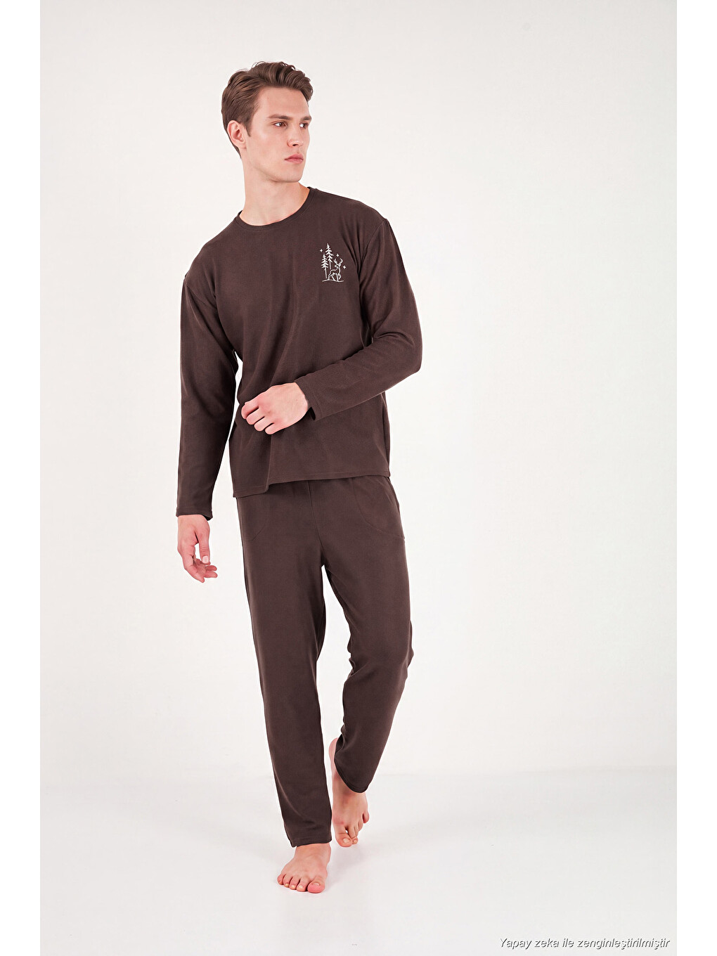 Kahverengi Ultra Soft Minimal Nakışlı Uzun Kollu Pijama Takımı 6575009-1