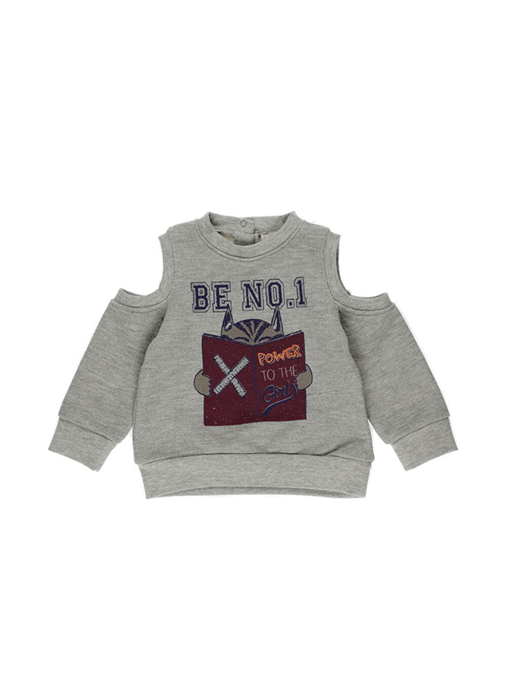 Kız Bebek Omuz Pencere Detaylı Baskılı Gri-Melanj Sweatshirt