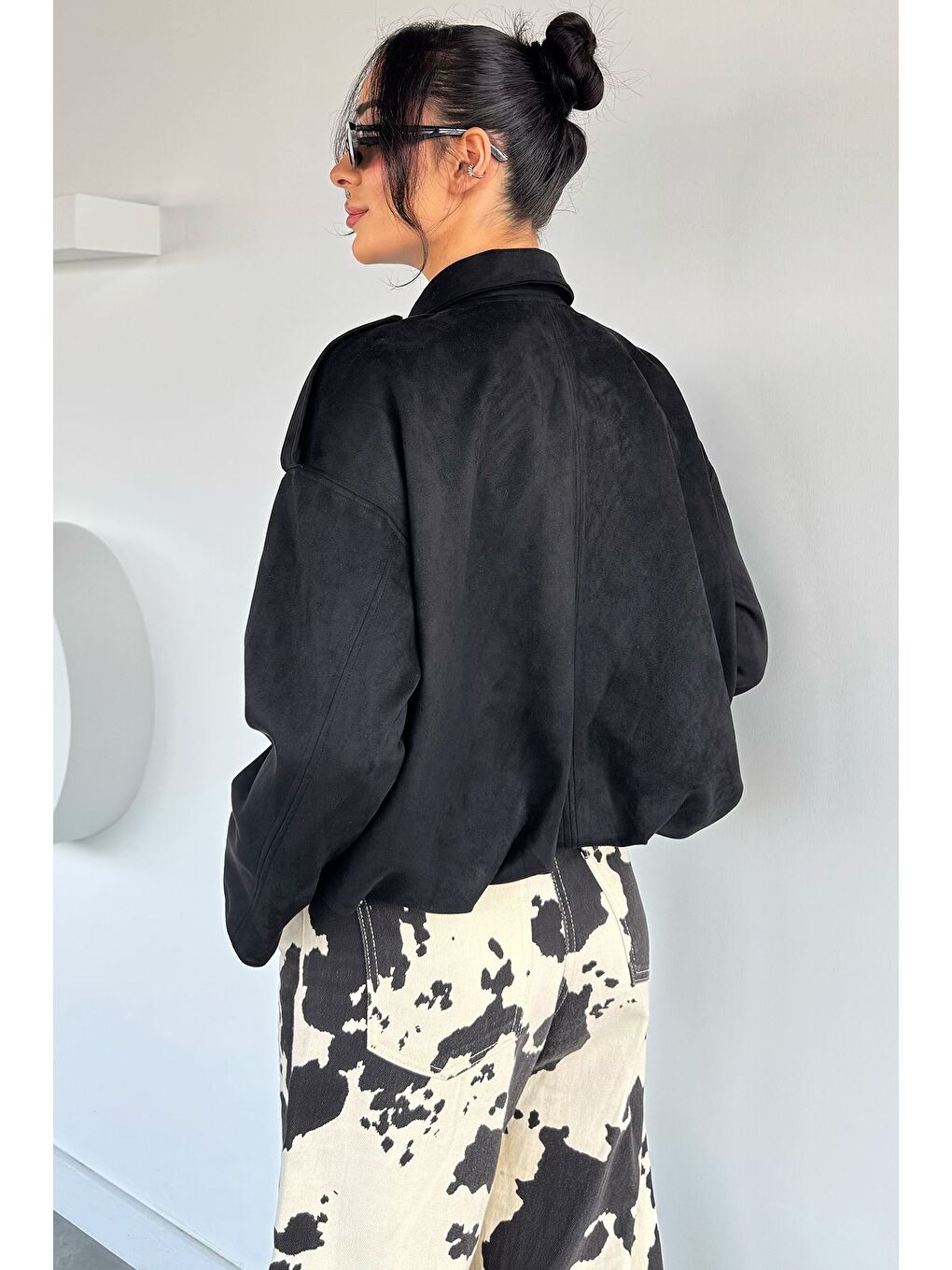 Siyah Kadın Bel Büzgülü Fermuarlı Ve Çıtçıtlı Süet Ceket-3