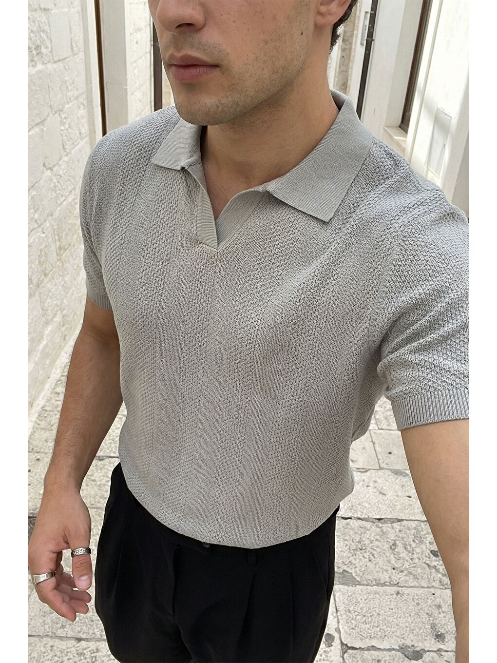 Gri Chapa Regular Fit Polo Yaka Erkek Kısa Kol Dokulu Triko Tişört-3
