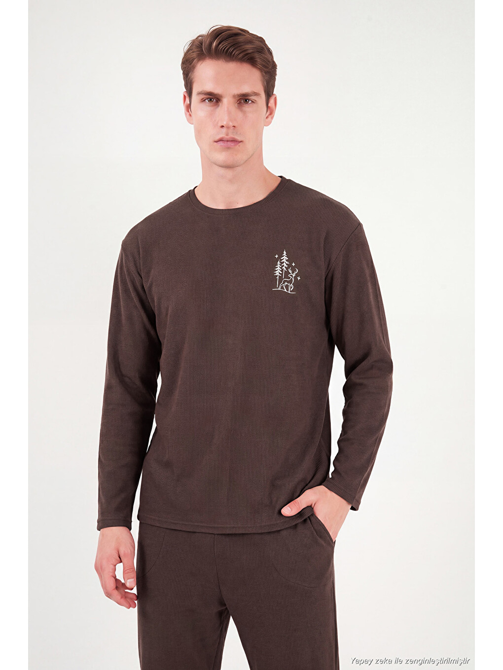 Kahverengi Ultra Soft Minimal Nakışlı Uzun Kollu Pijama Takımı 6575009-2
