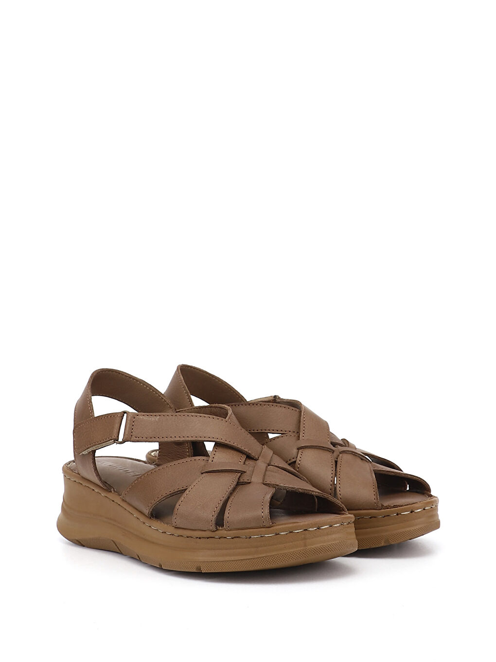 Kahverengi Kadın KAHVERENGİ Cırt Bantlı Dolgu Topuk Hakiki Deri Sandalet-3