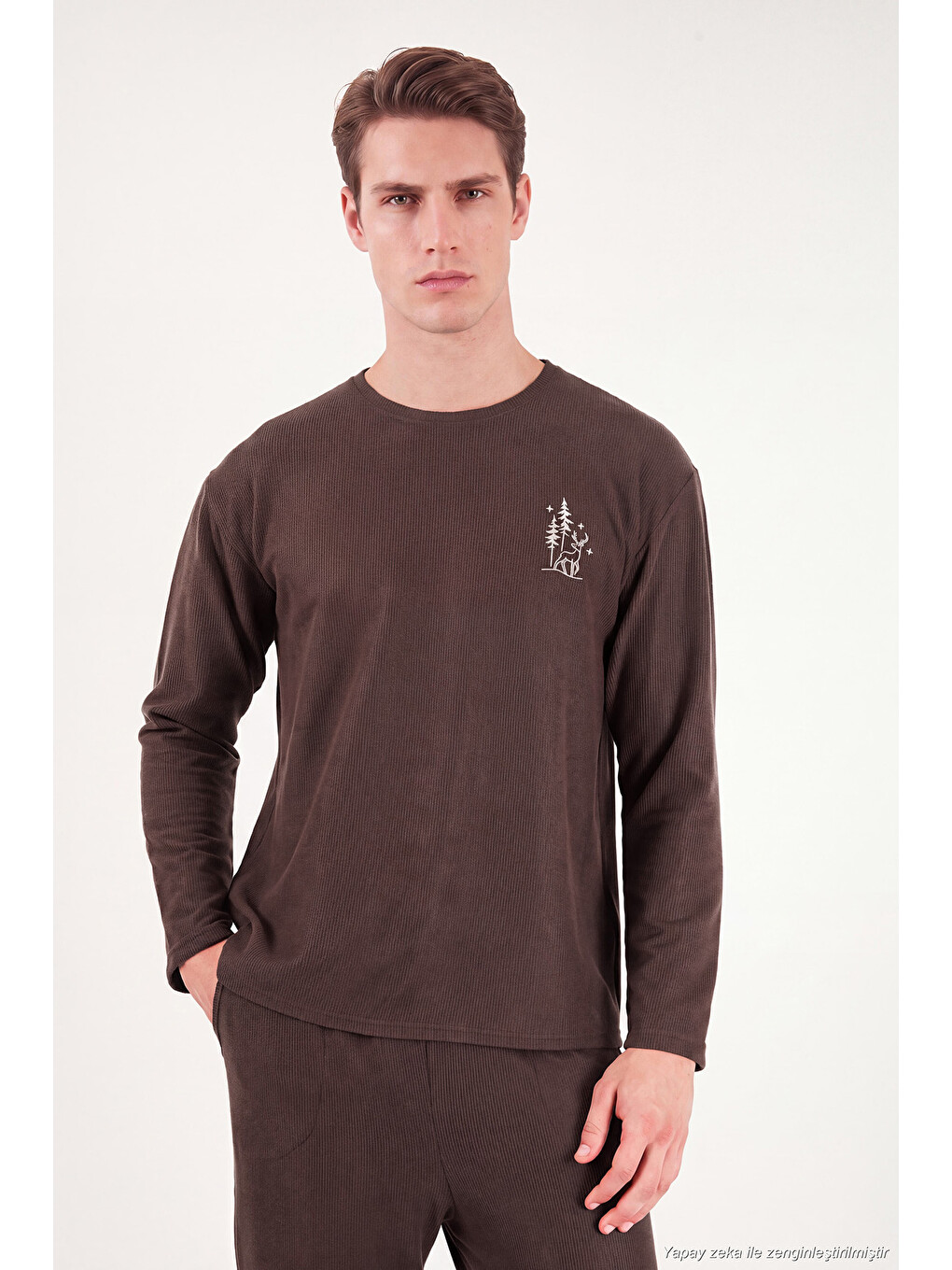 Kahverengi Ultra Soft Minimal Nakışlı Uzun Kollu Pijama Takımı 6575009-3
