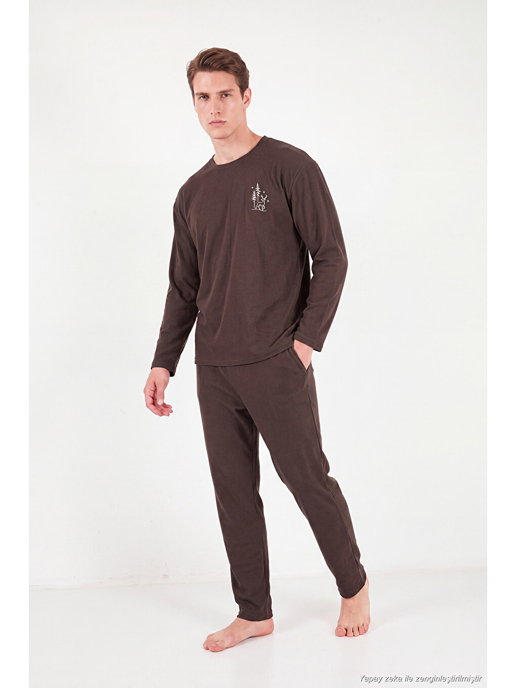 Kahverengi Ultra Soft Minimal Nakışlı Uzun Kollu Pijama Takımı 6575009-5