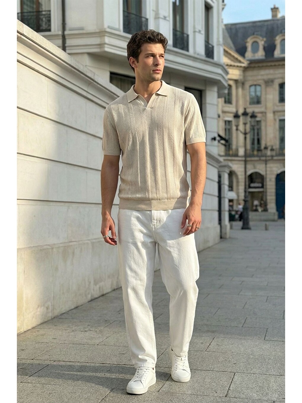 Bej Chapa Regular Fit Polo Yaka Erkek Kısa Kol Dokulu Triko Tişört-2