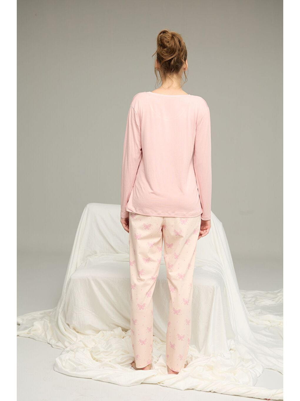 Pembe Somon Desenli Örme Pamuklu Pijama Takım25240222-2