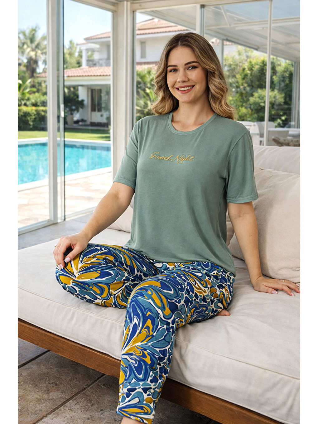Kadın Desenli Kısa Kol Saphire Pijama Takımı 0642 Yeşil01-1