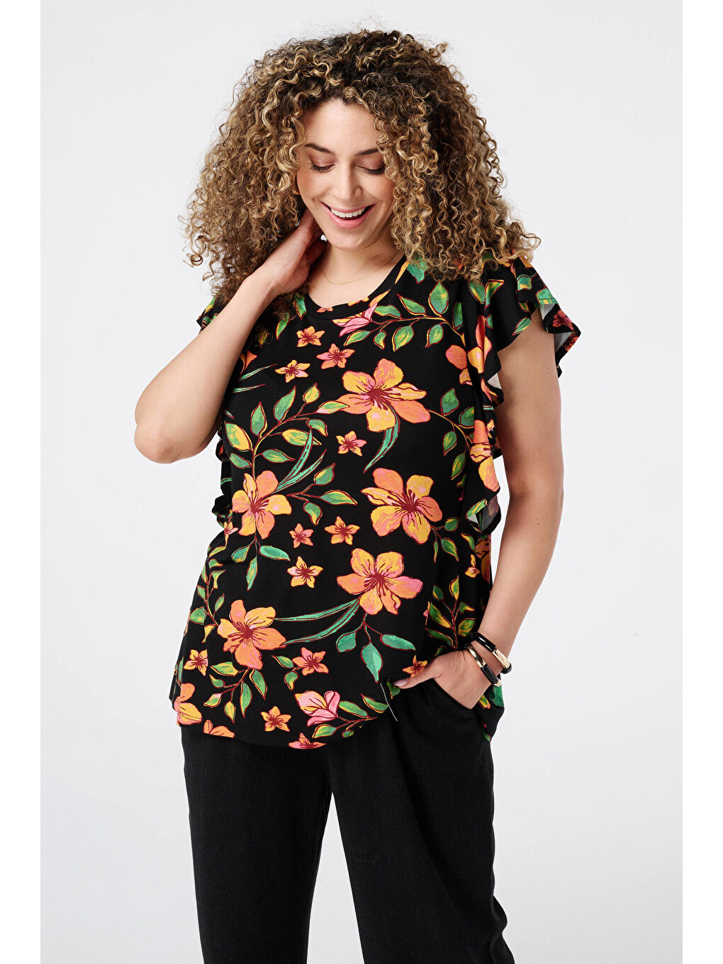 Kahverengi Büyük Beden Bisiklet Yaka Baskılı Kolları Fırfırlı Bluz E26414-1