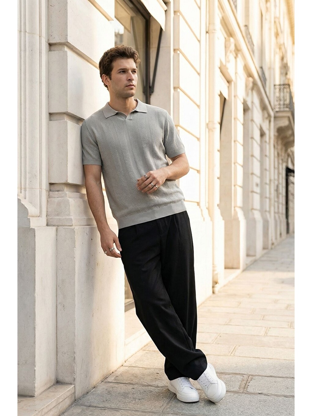 Gri Chapa Regular Fit Polo Yaka Erkek Kısa Kol Dokulu Triko Tişört-4