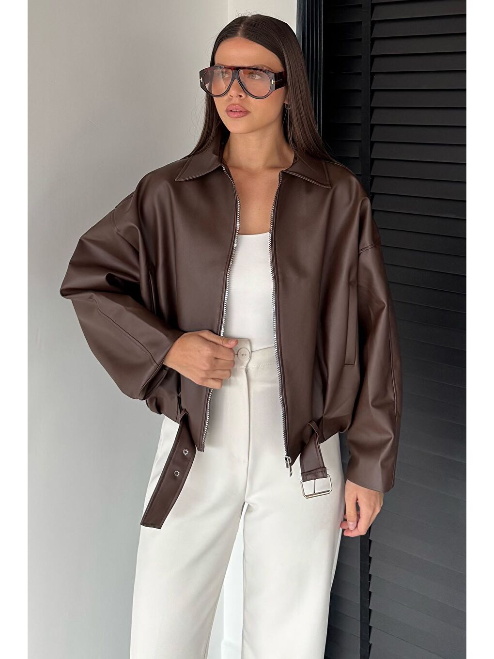Kahverengi Kadın Astarlı Salaş Suni Deri Ceket-1