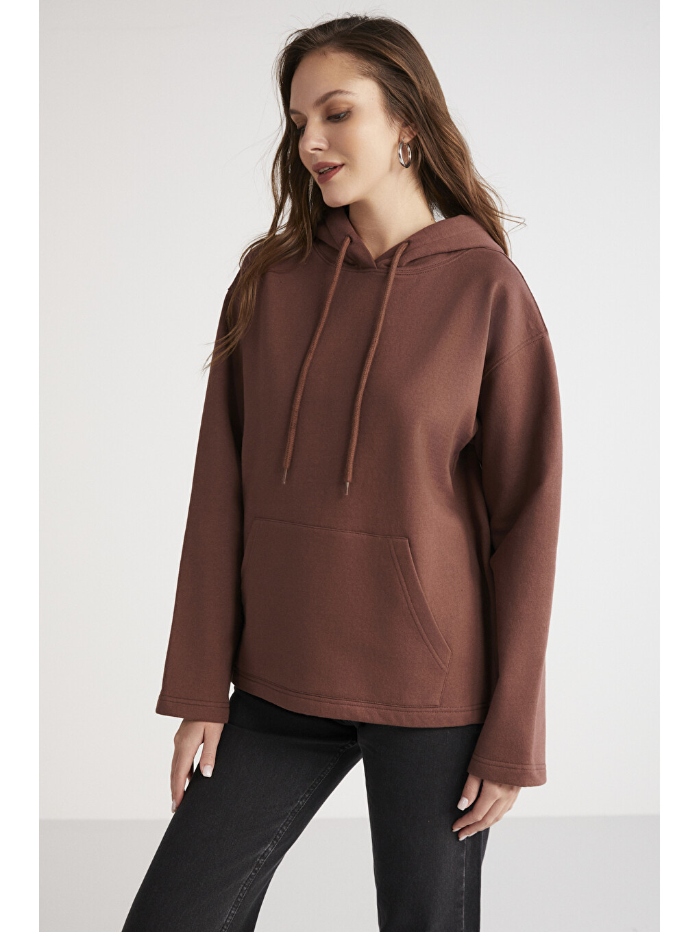 Pıper Kadın Içi Polarlı Yumuşacık Comfort Fit Kapüşonlu Kanguru Cepli Kahverengi Sweatshirt-2
