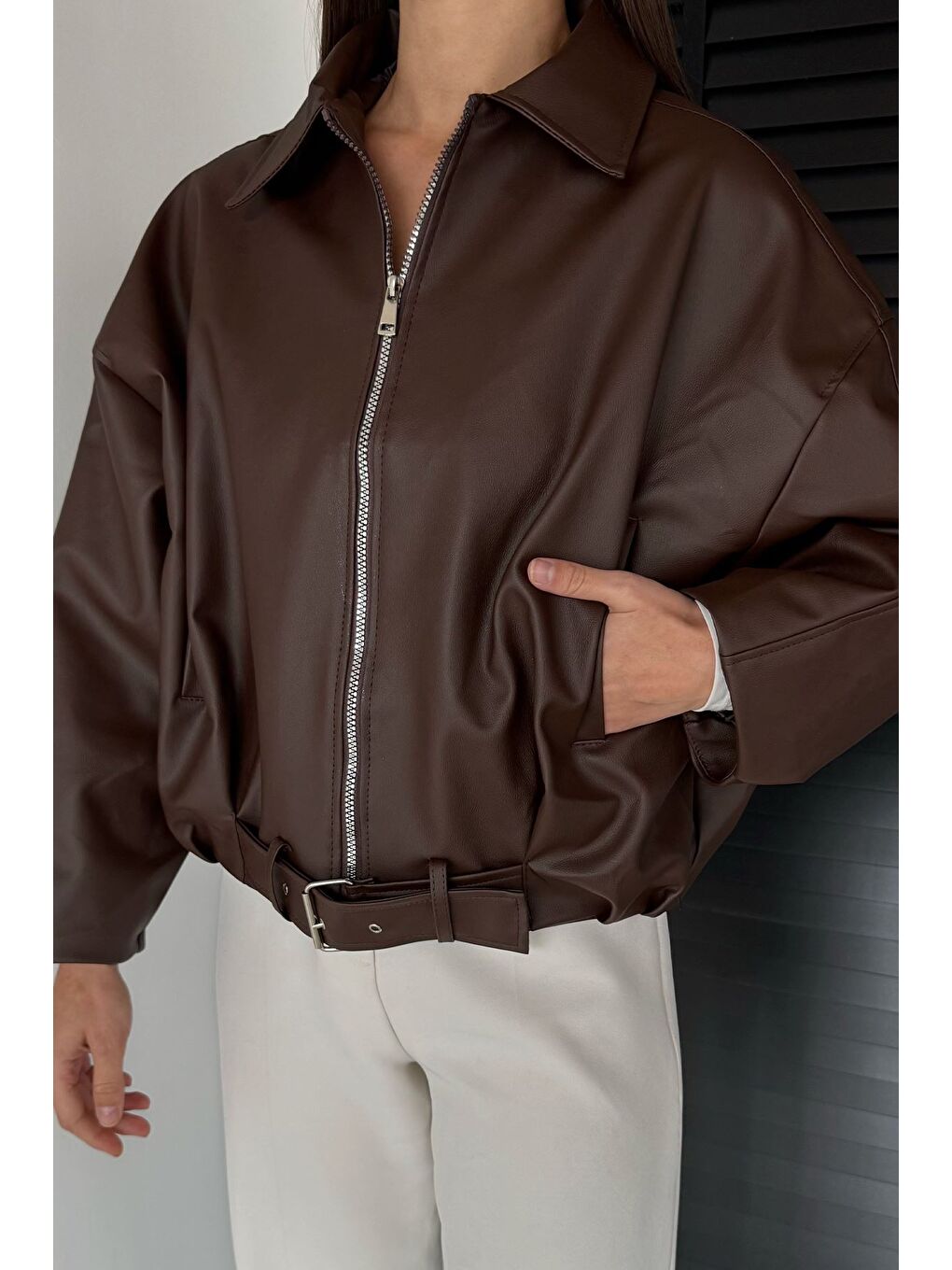 Kahverengi Kadın Astarlı Salaş Suni Deri Ceket-2