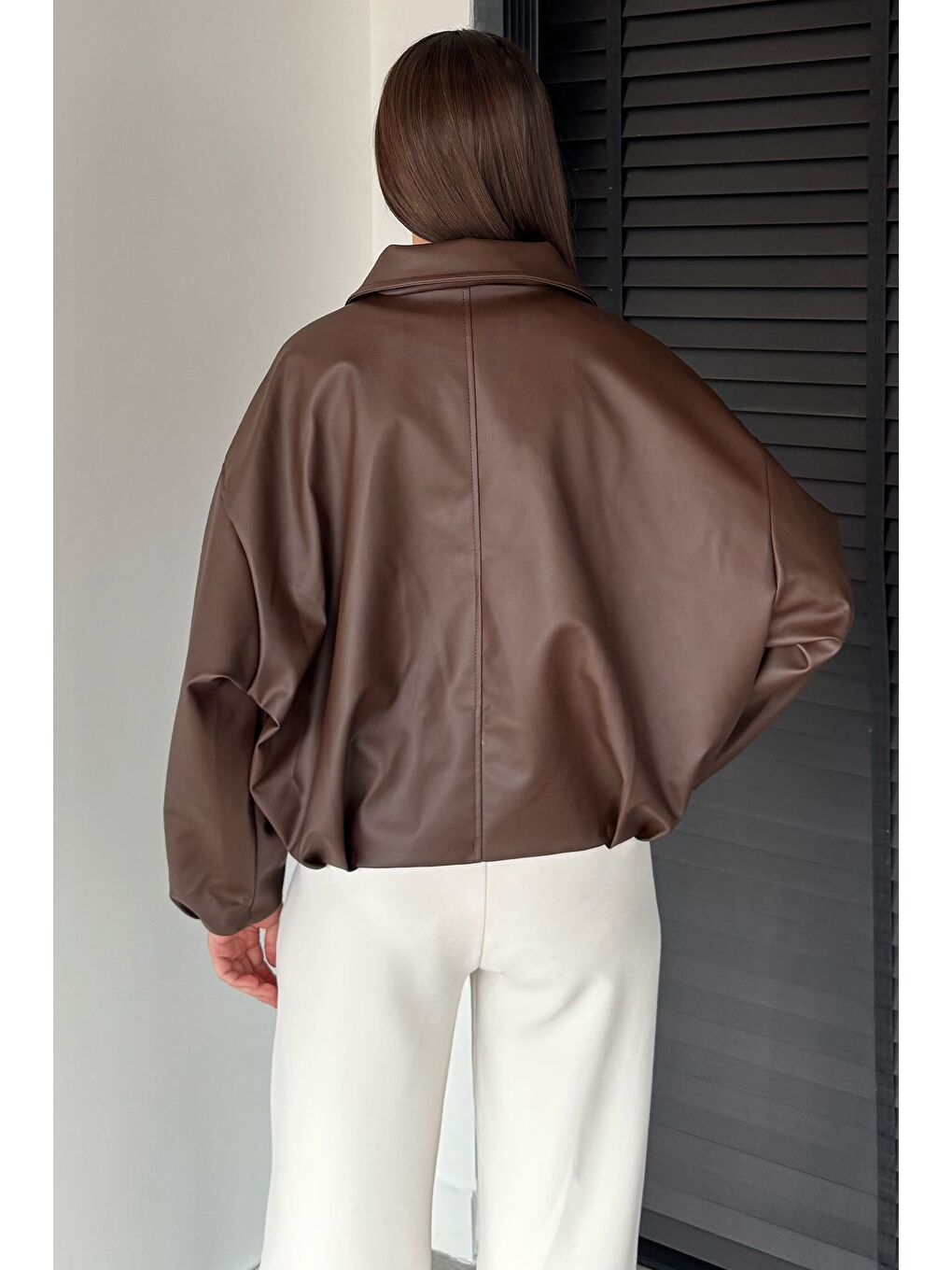 Kahverengi Kadın Astarlı Salaş Suni Deri Ceket-3