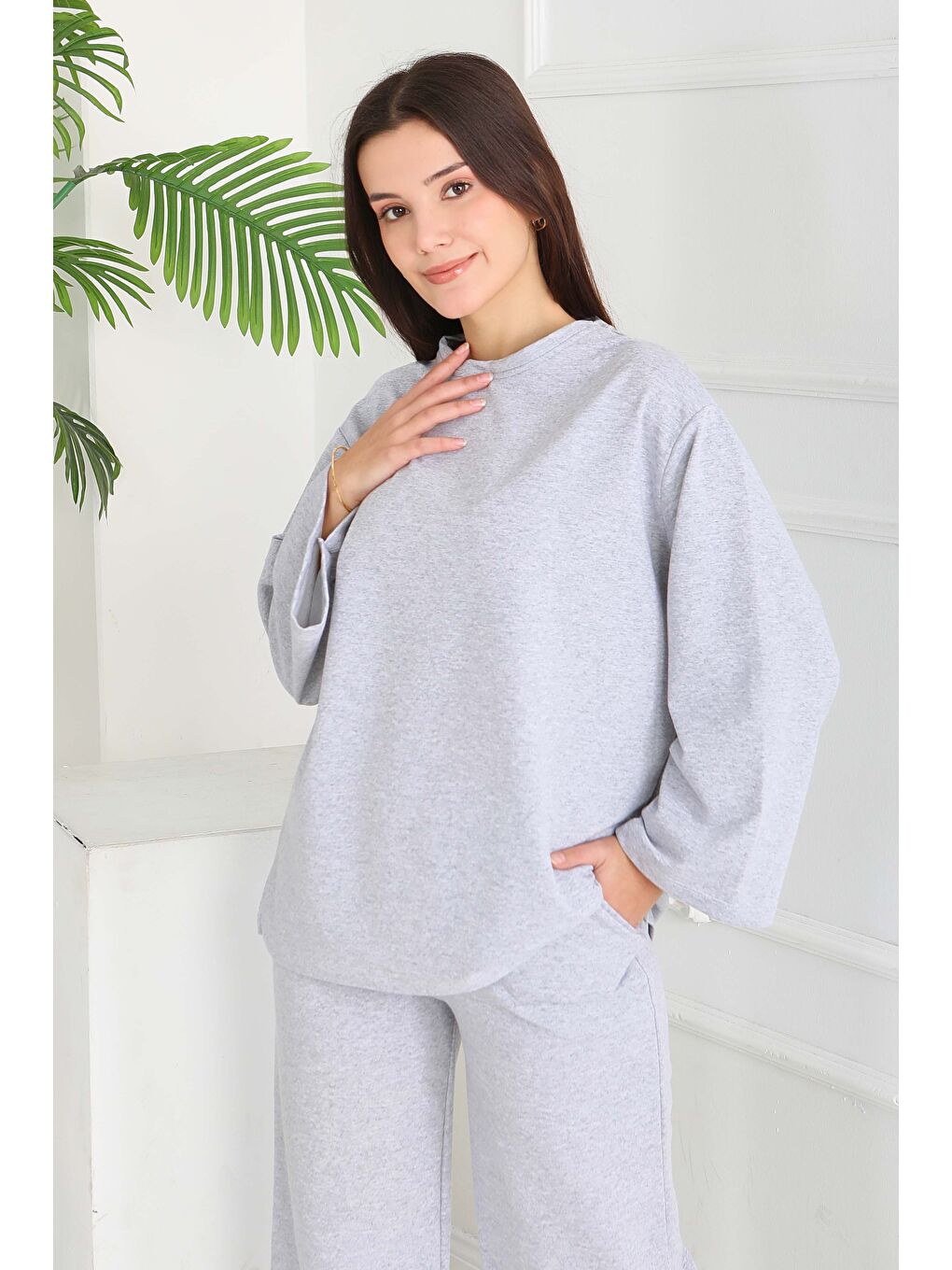 Geniş Paçalı İki İplik Eşofman Takımı Gri - 27717-GRI-1