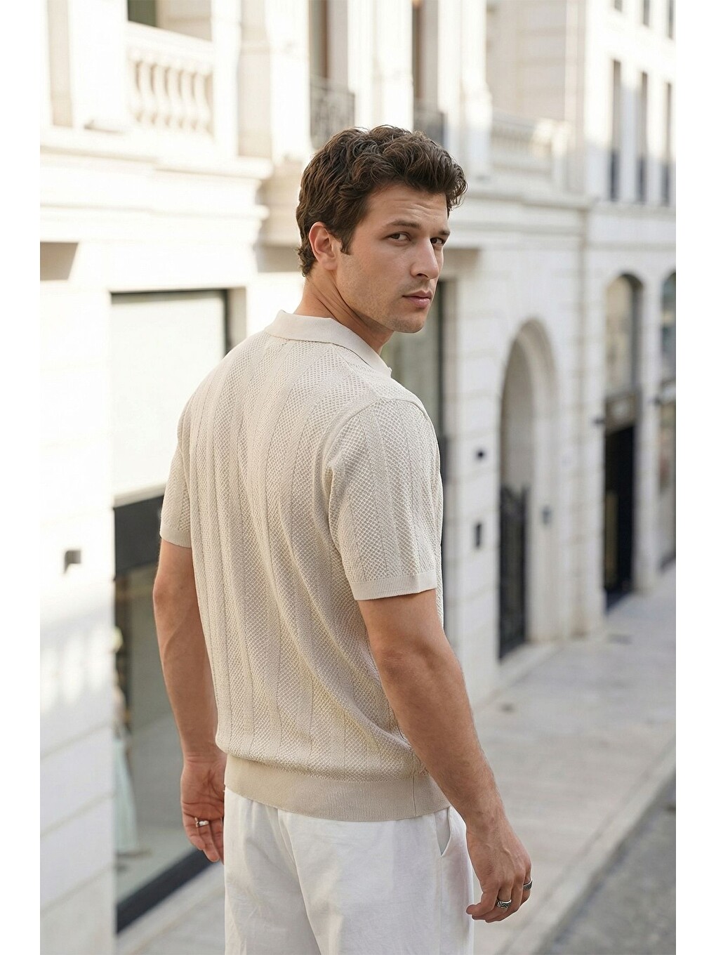 Bej Chapa Regular Fit Polo Yaka Erkek Kısa Kol Dokulu Triko Tişört-3