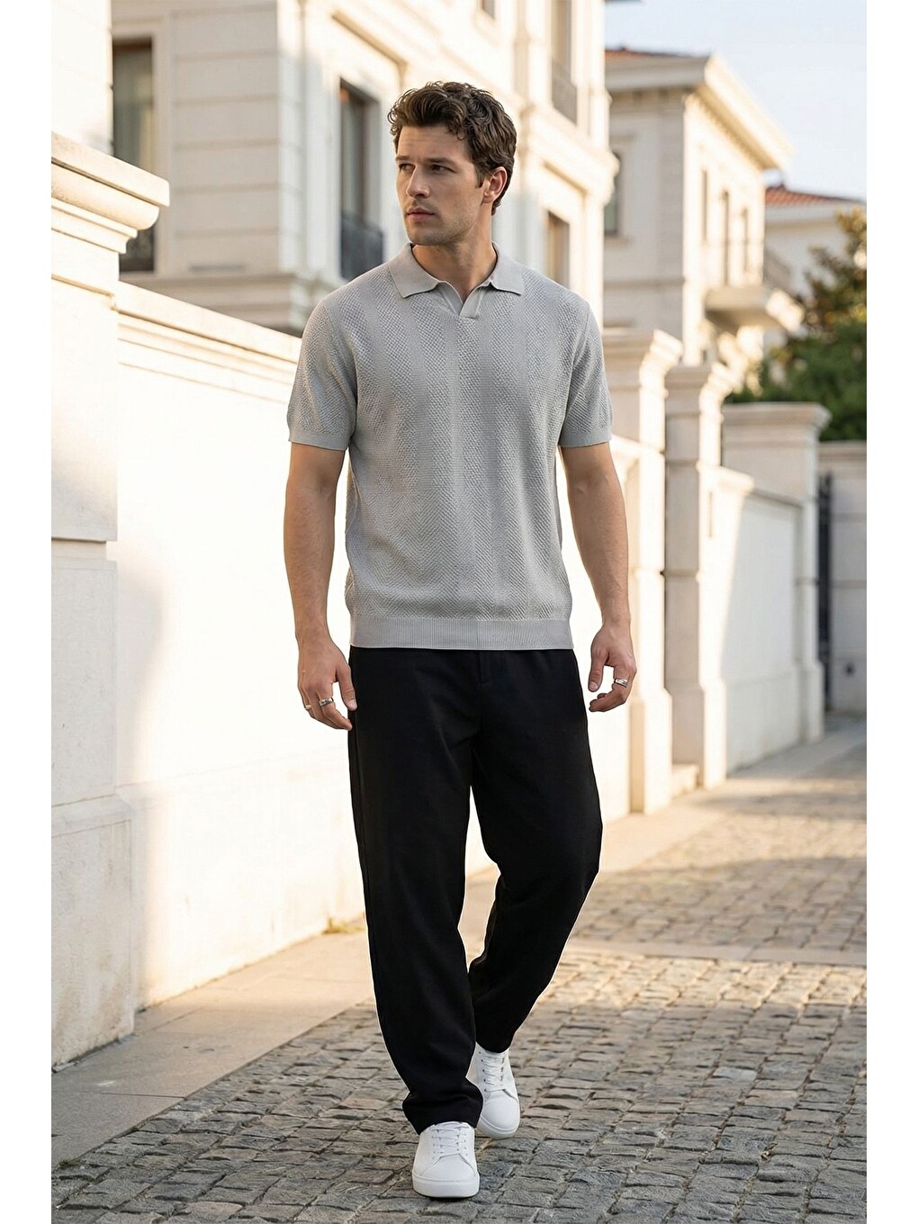 Gri Chapa Regular Fit Polo Yaka Erkek Kısa Kol Dokulu Triko Tişört-5