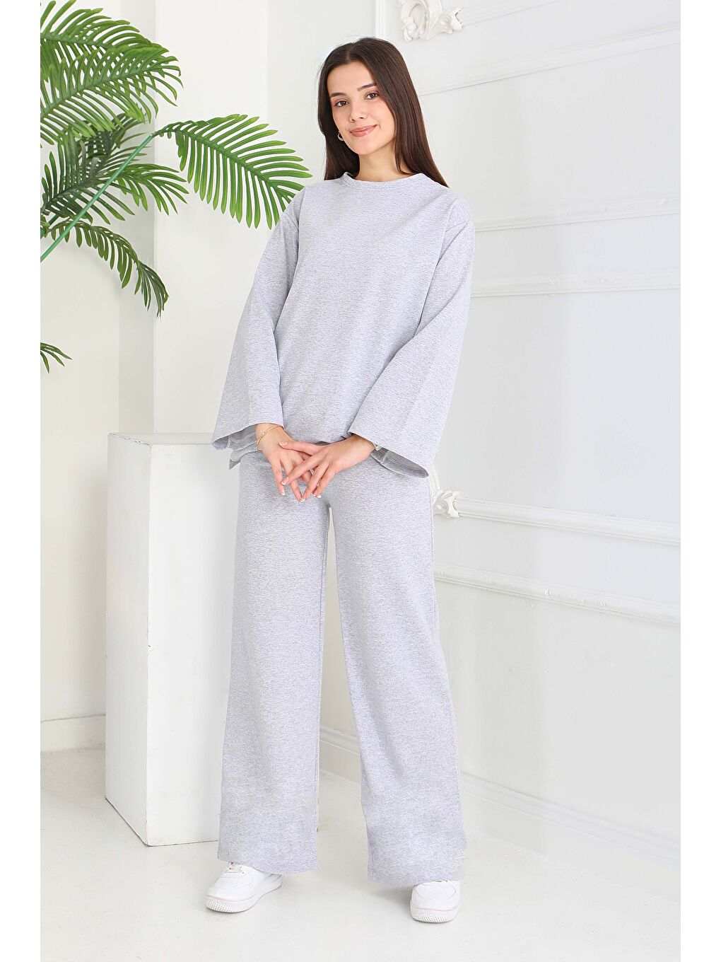 Geniş Paçalı İki İplik Eşofman Takımı Gri - 27717-GRI-2