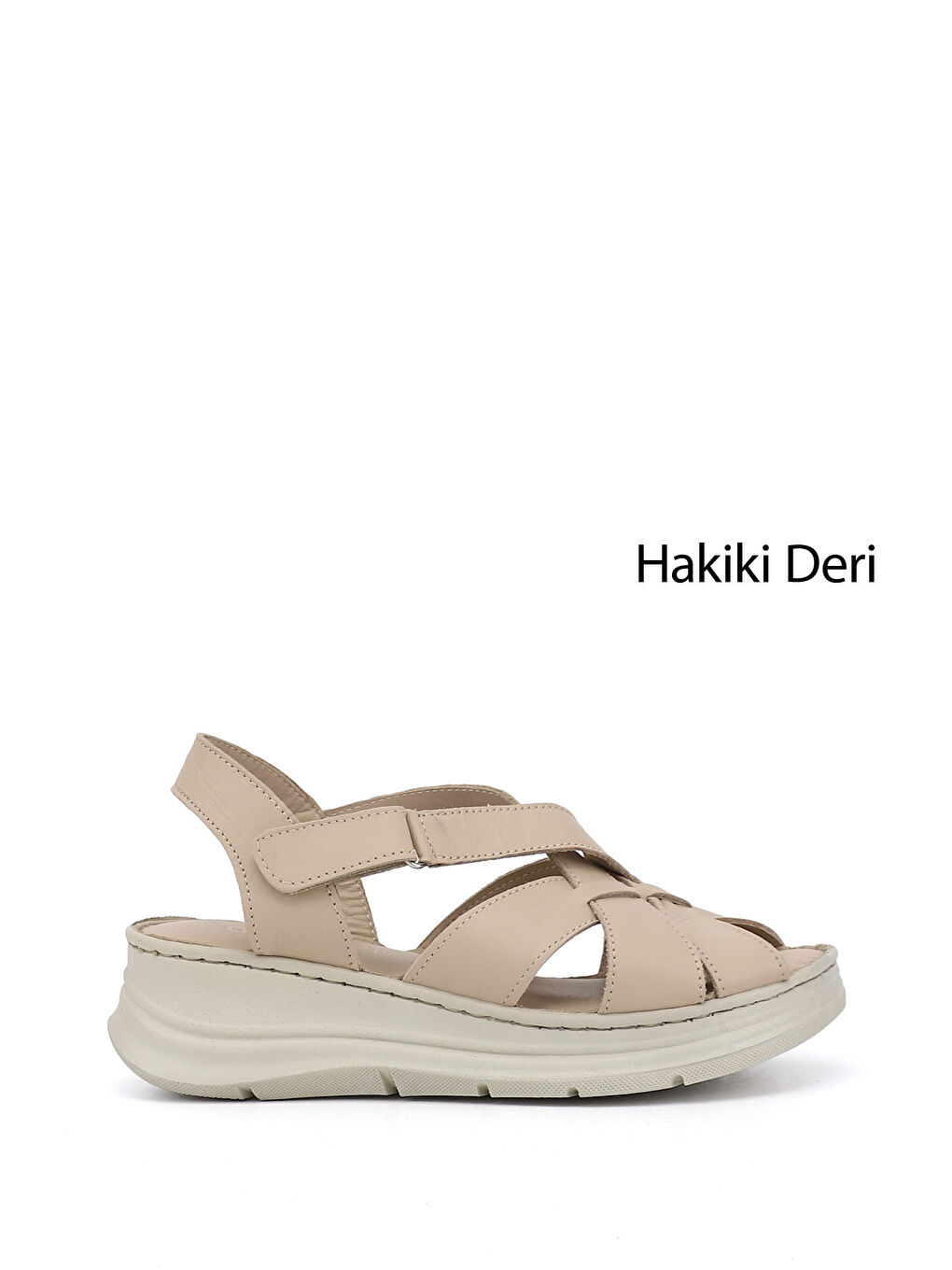 Bej Kadın YENİ BEJ Cırt Bantlı Dolgu Topuk Hakiki Deri Sandalet