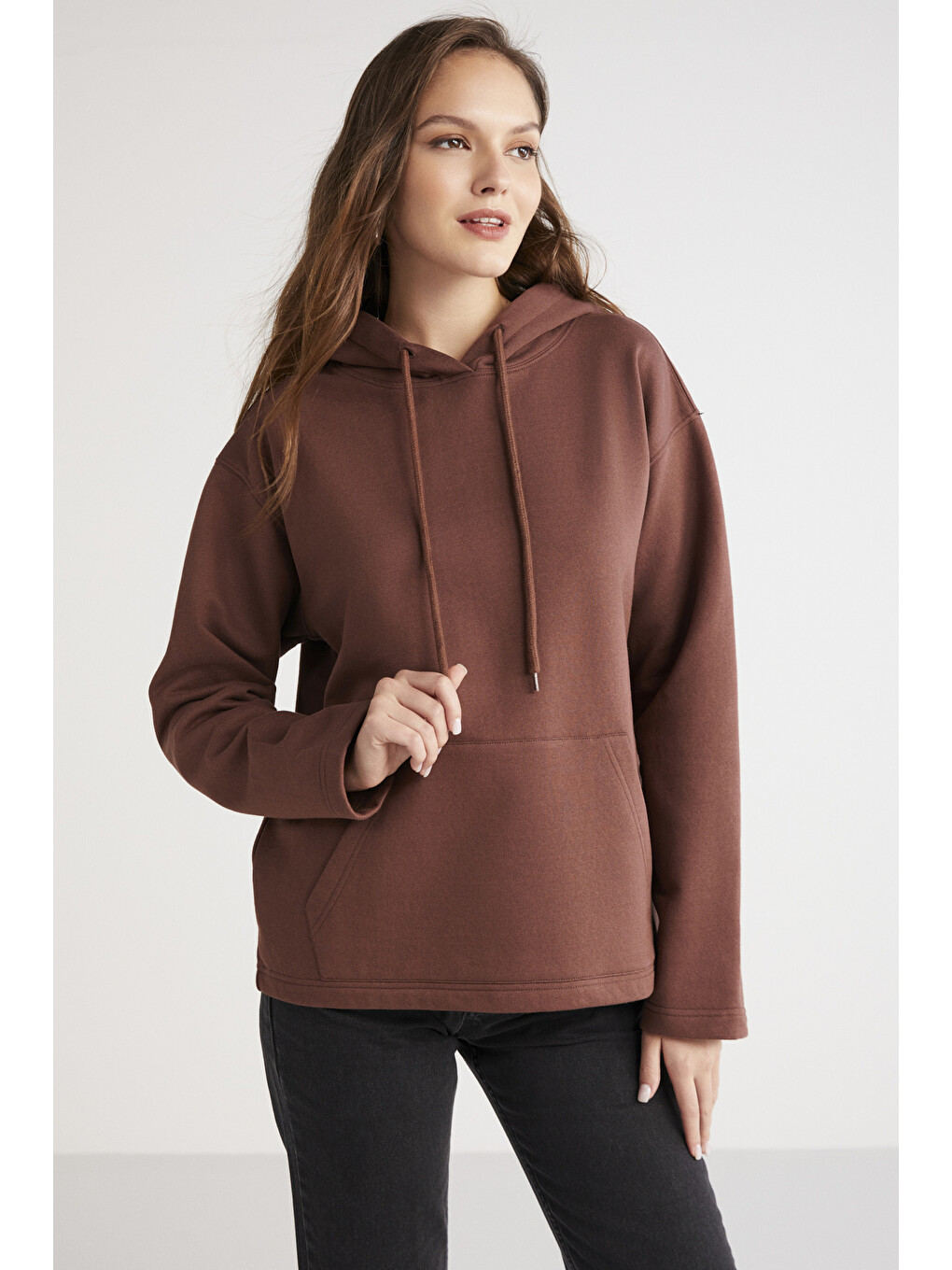 Pıper Kadın Içi Polarlı Yumuşacık Comfort Fit Kapüşonlu Kanguru Cepli Kahverengi Sweatshirt-3