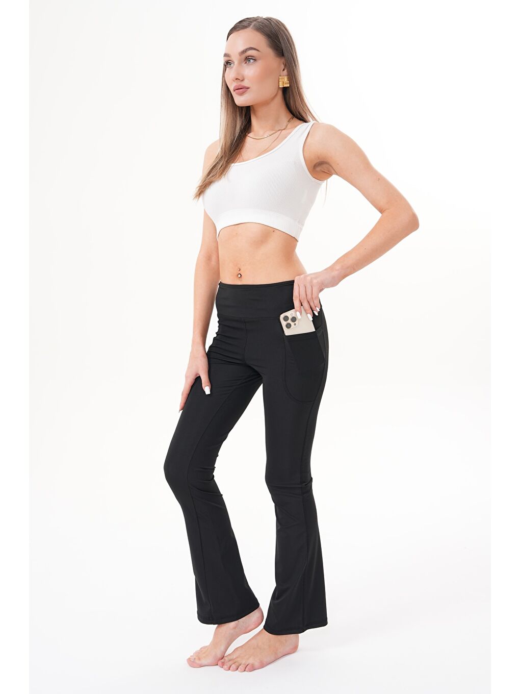 Siyah Kadın Yüksek Bel Toparlayıcı Çift Cepli Ispanyol Paça Tayt İSPANYOL-TAYT