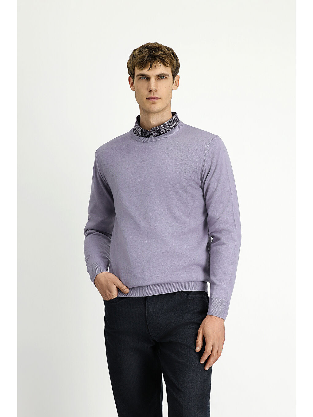 Lila Bisiklet Yaka Regular Fit Yünlü Örme Triko Kazak