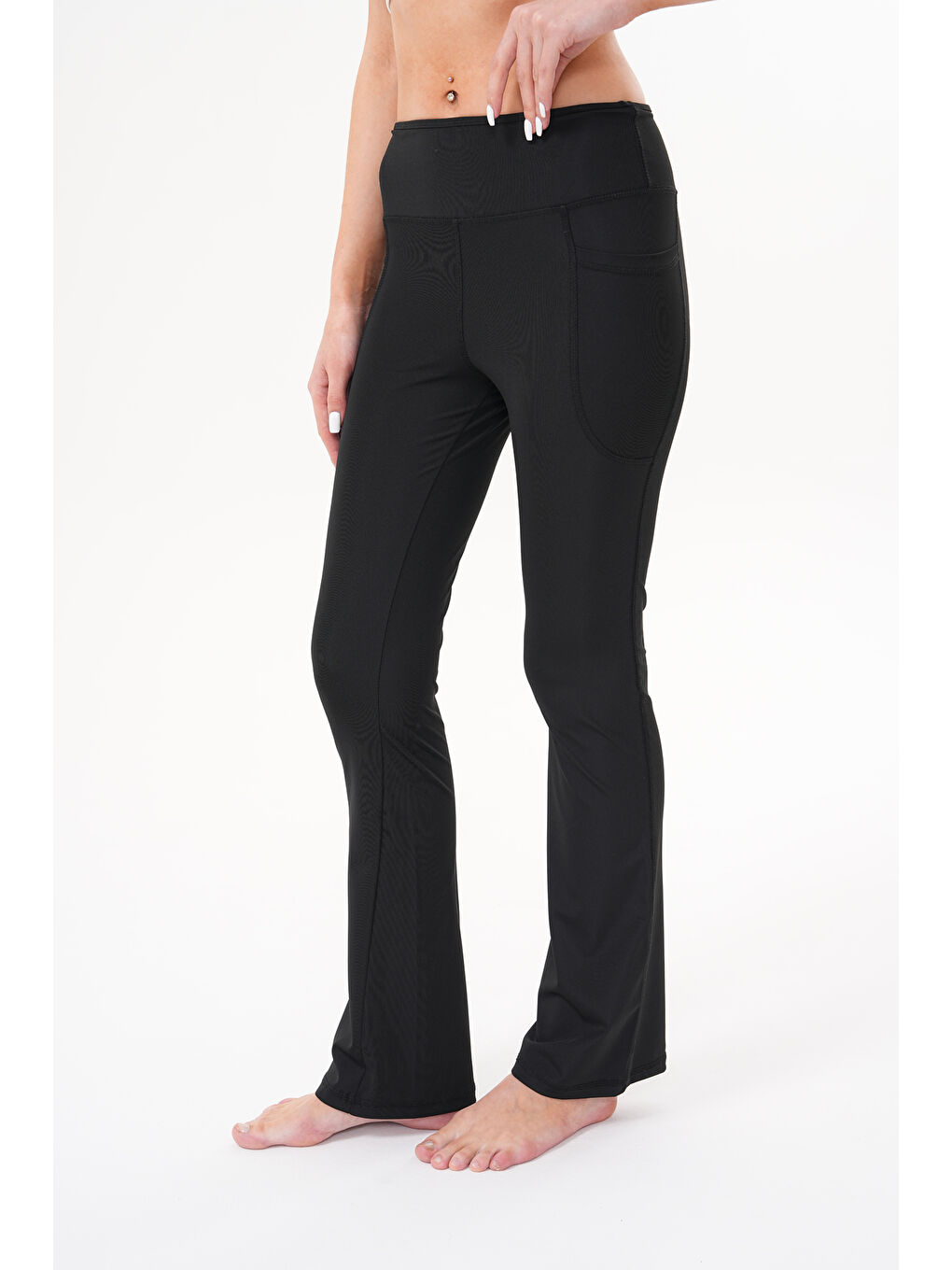 Siyah Kadın Yüksek Bel Toparlayıcı Çift Cepli Ispanyol Paça Tayt İSPANYOL-TAYT-1