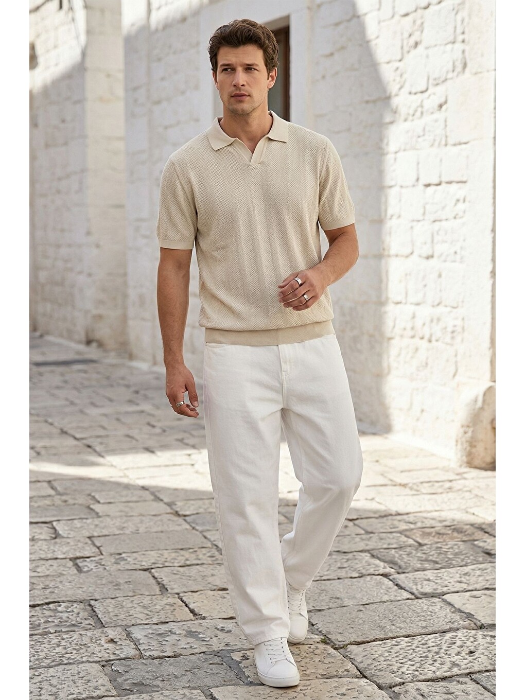 Bej Chapa Regular Fit Polo Yaka Erkek Kısa Kol Dokulu Triko Tişört-4