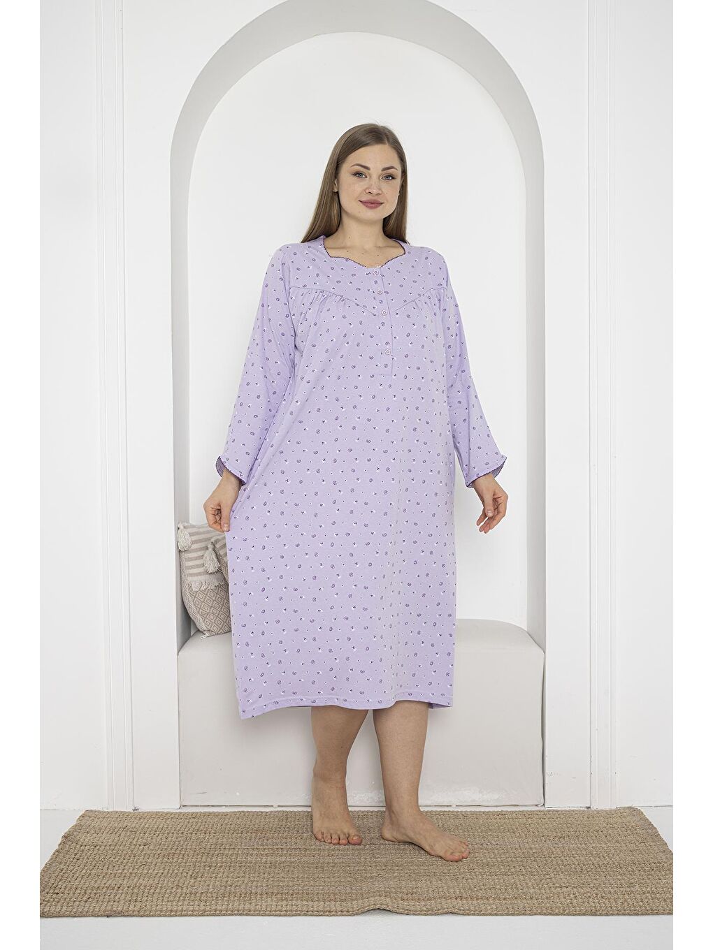 Lila Uzun Kol Düğmeli Yaka %100 Pamuklu Penye Büyük Beden Anne Geceliği 933-1